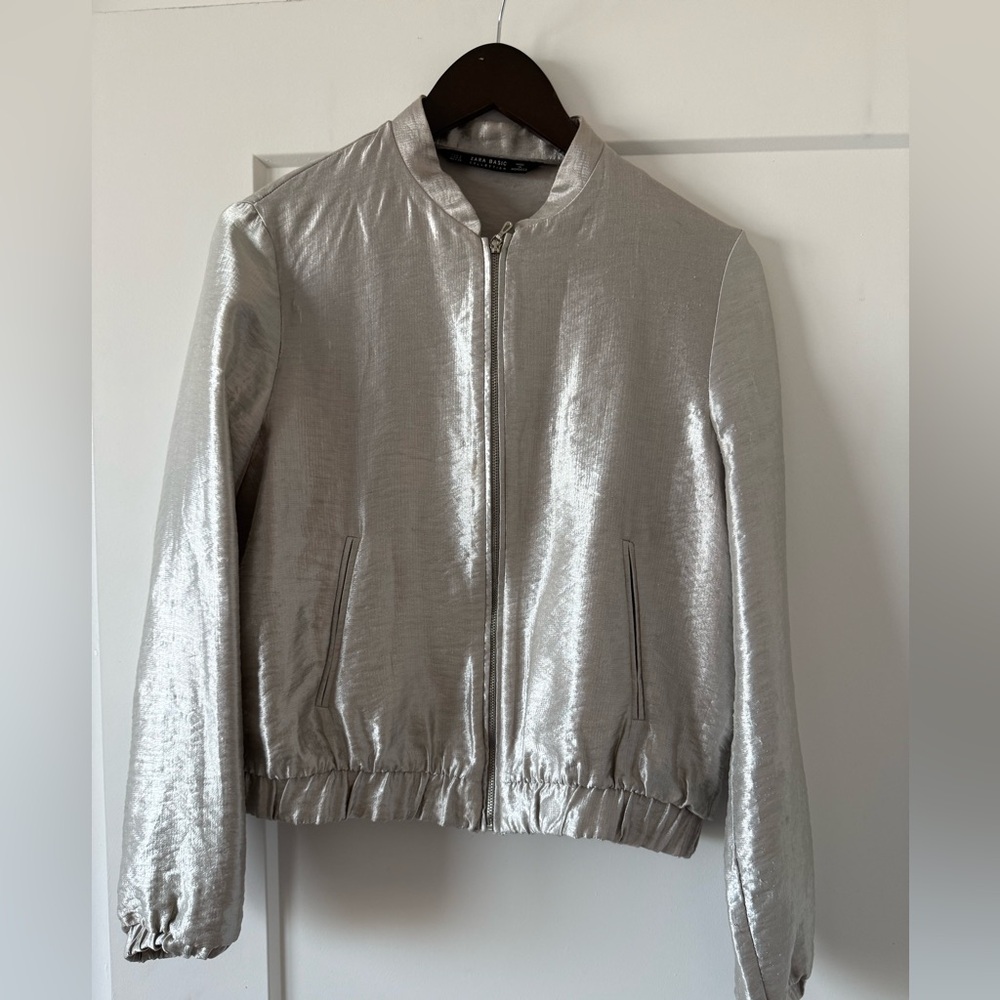 Zara Basic Collection Silver Bomber Jacket Size S… - image 1